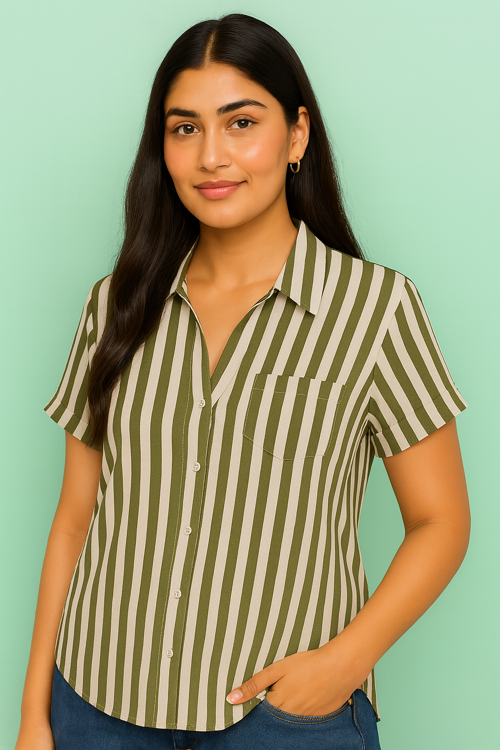 Women’s Olive & White Vertical Stripe Rolled Sleeve Shirt with Chest Pocket – Casual Summer Button Down