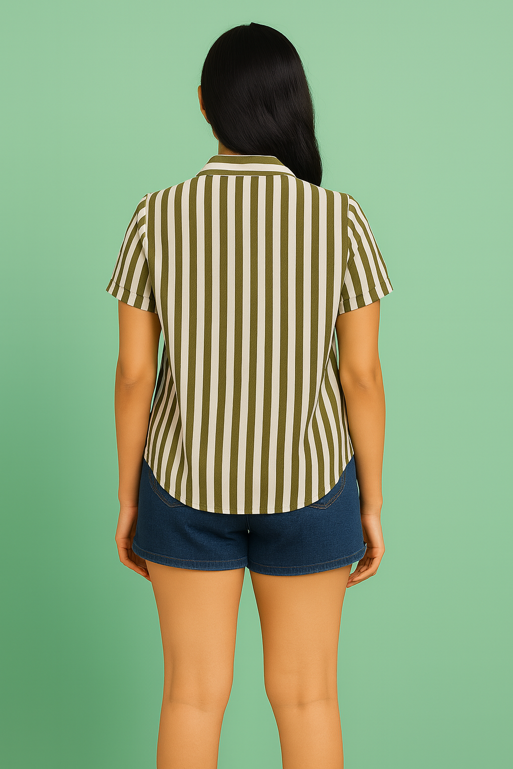 Women’s Olive & White Vertical Stripe Rolled Sleeve Shirt with Chest Pocket – Casual Summer Button Down