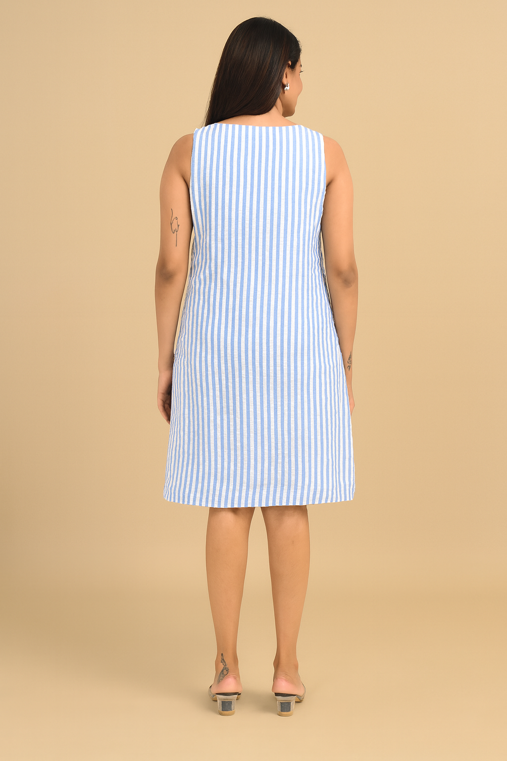 Women’s Blue & White Striped Seersucker Cotton Sleeveless Dress with Pockets – Summer Casua