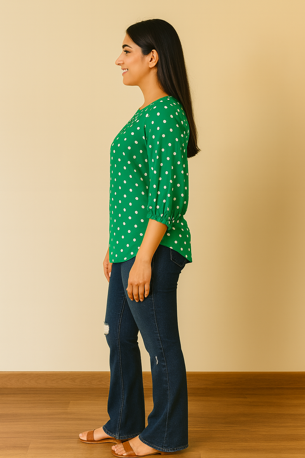 Green Polka Dot Rayon Top for Women – 3/4 Sleeve Casual Blouse