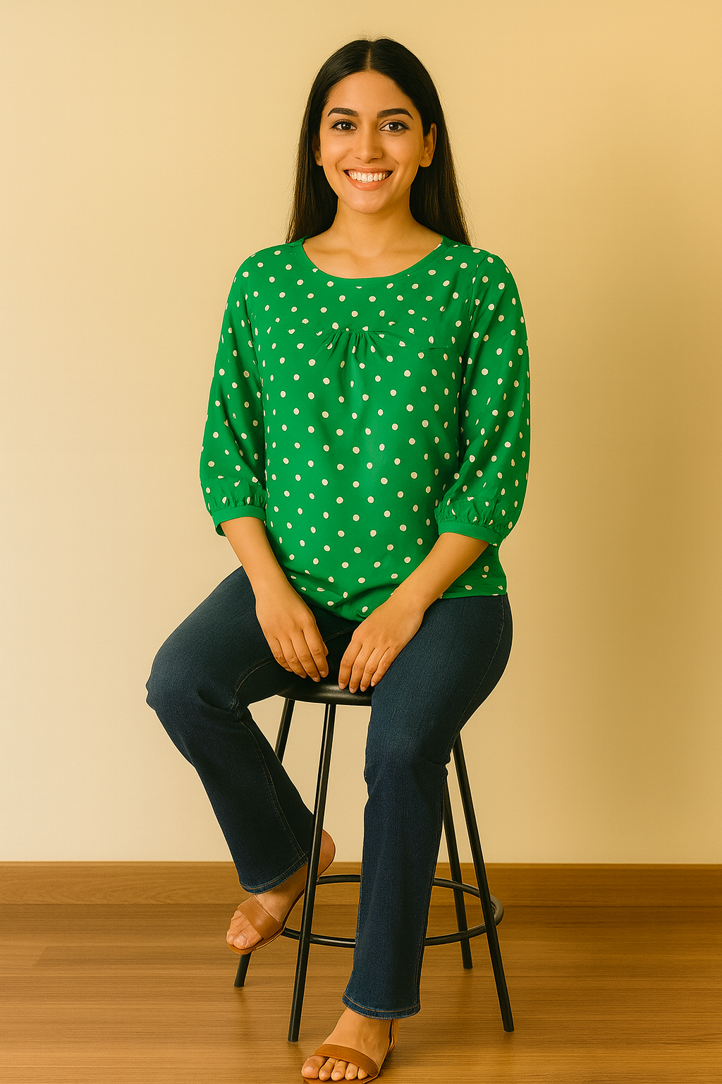 Green Polka Dot Rayon Top for Women – 3/4 Sleeve Casual Blouse
