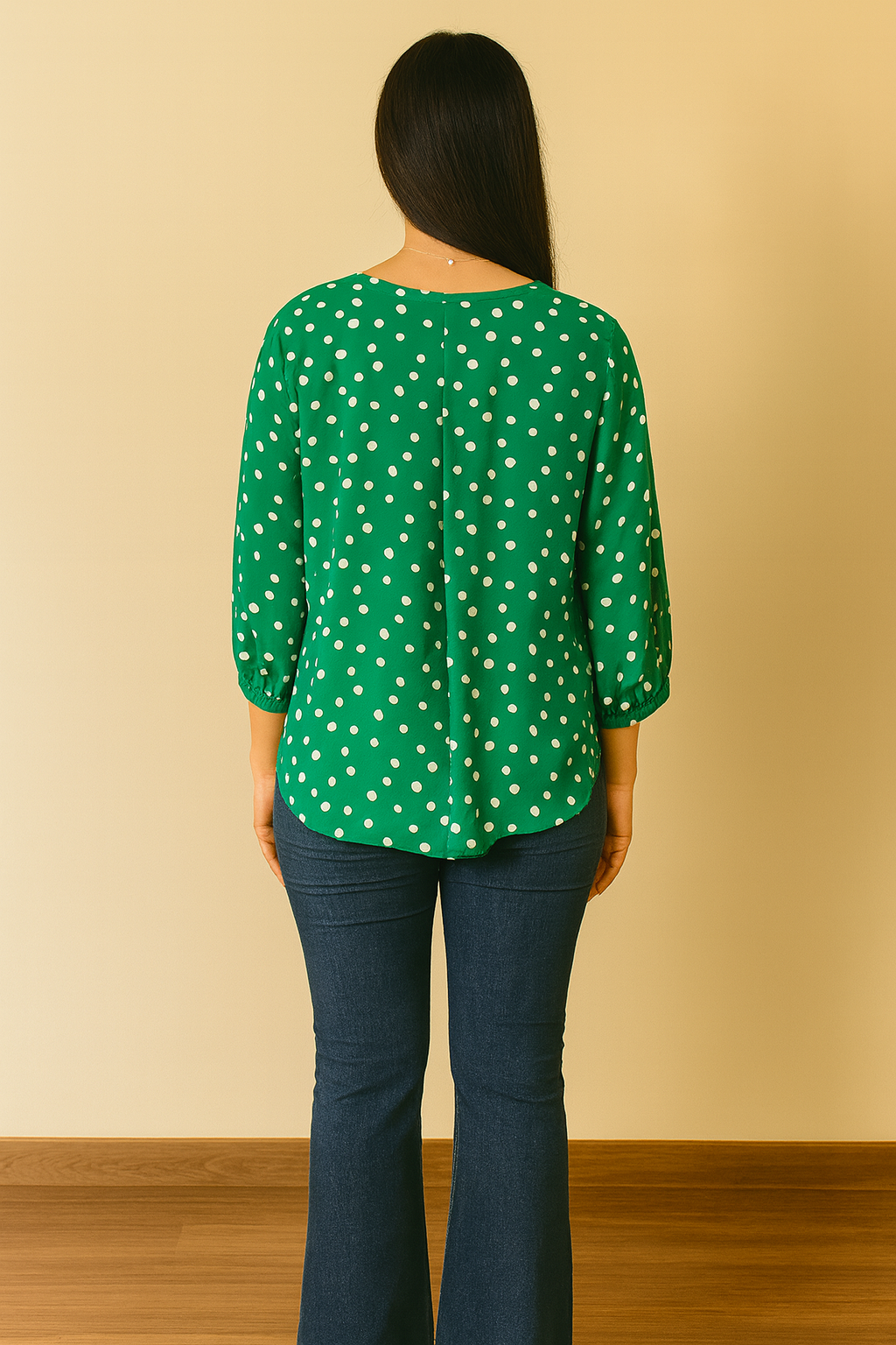Green Polka Dot Rayon Top for Women – 3/4 Sleeve Casual Blouse