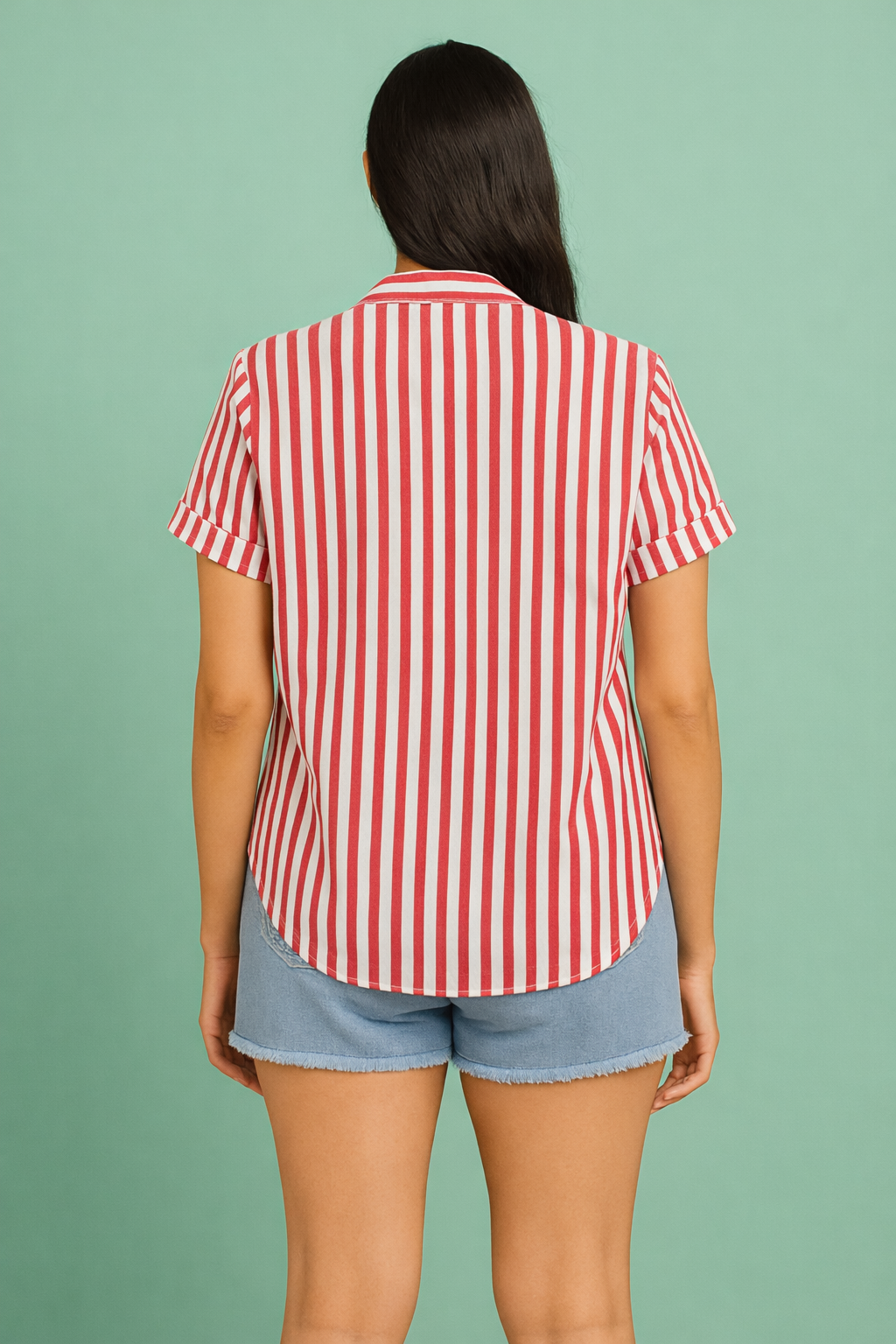 Back view of 100% cotton red stripe shirt for women with rolled short sleeves