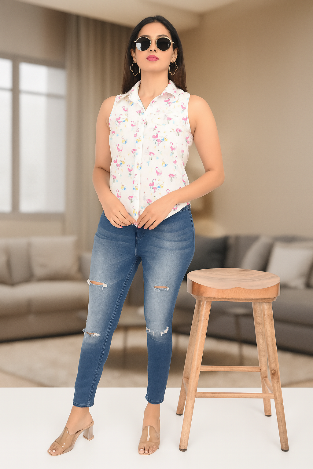 White Cotton Sleeveless Top with Flamingo Print