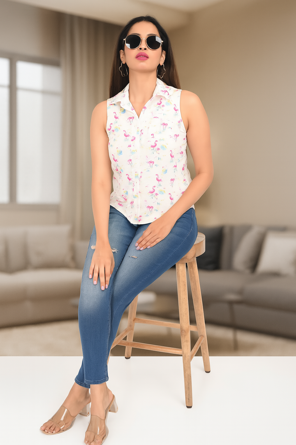 White Cotton Sleeveless Top with Flamingo Print