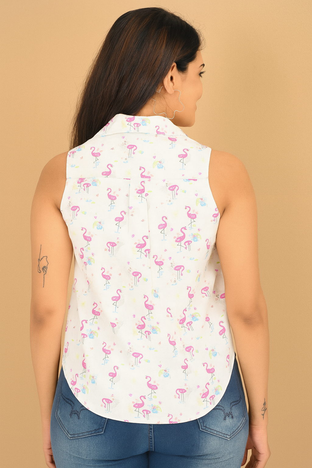 White Cotton Sleeveless Top with Flamingo Print