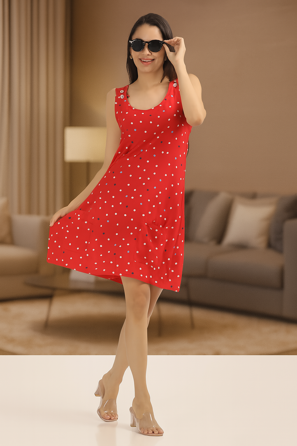"Red Polka Dot Sleeveless Dress for Women – Stylish Summer Casual Wear"