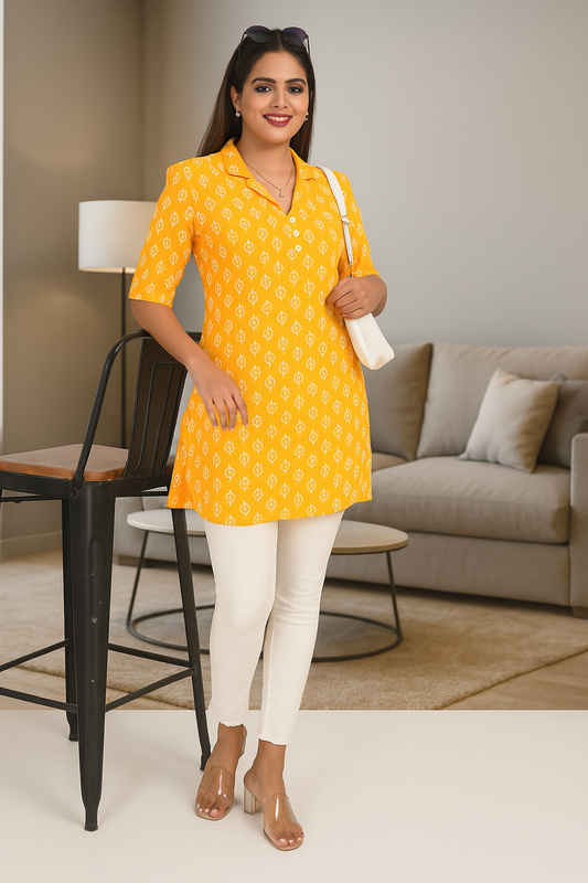 Yellow printed rayon tunic – front view 3/4 sleeve casual kurti top