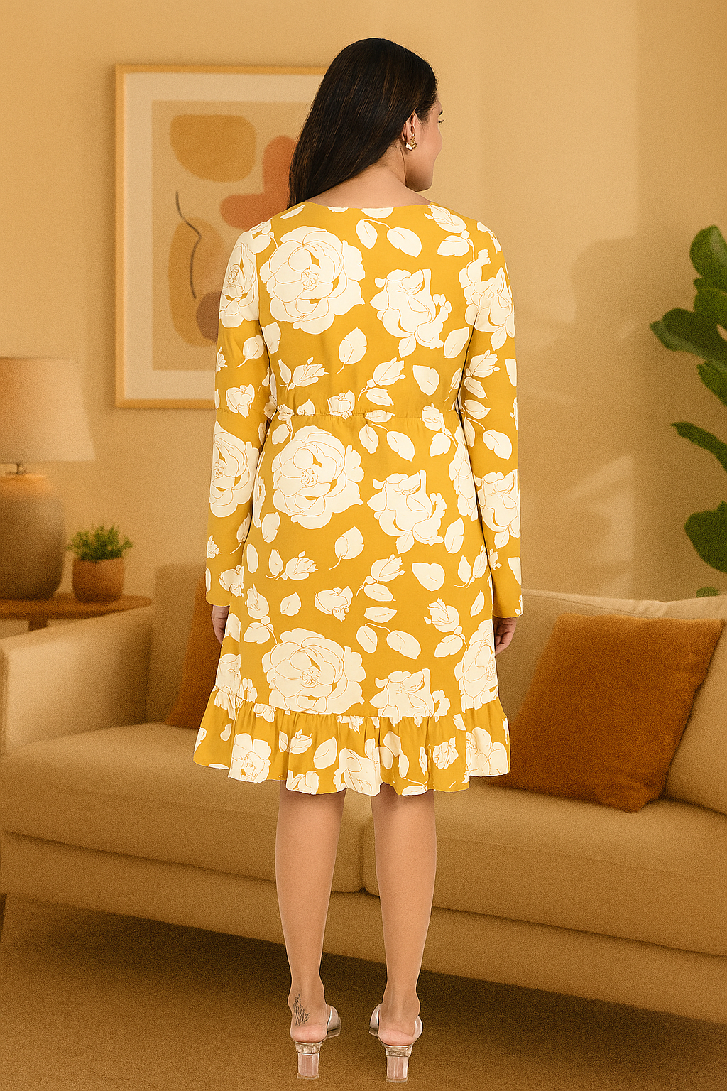 "Yellow Floral Print Rayon Dress for Women – Long Sleeve Ruffle Hem Casual Outfit"