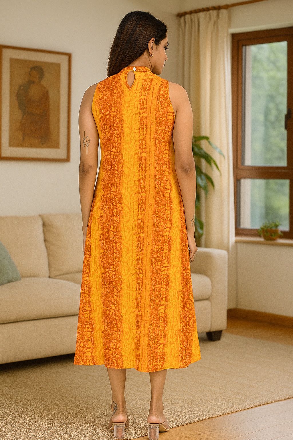 “Back view of women’s orange rayon sleeveless midi dress – lightweight summer wear”