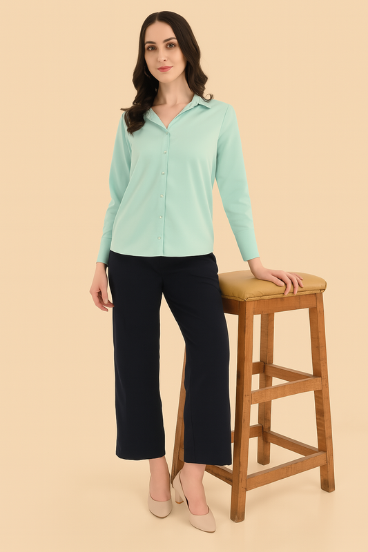 Mint green satin shirt for women with long sleeves and button-down front – formal and casual wear