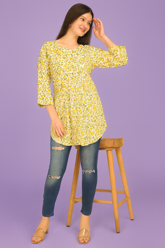 Women’s Yellow Floral AOP Cotton Rich Tunic Top – Lightweight Summer Wear