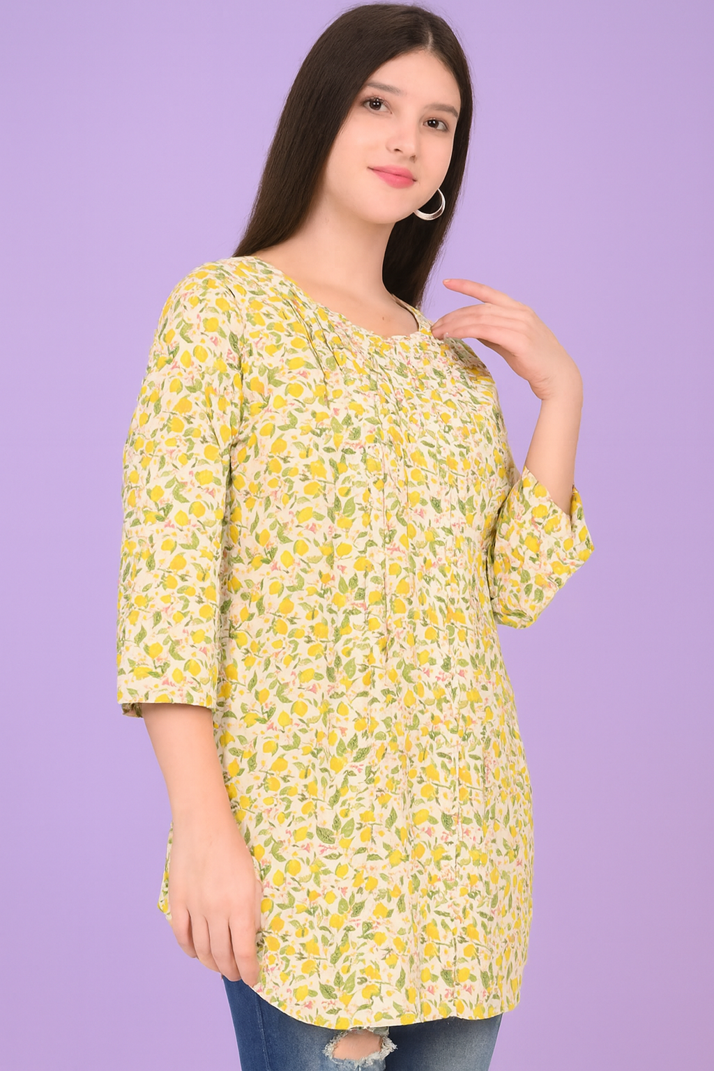 Women’s Yellow Floral AOP Cotton Rich Tunic Top – Lightweight Summer Wear