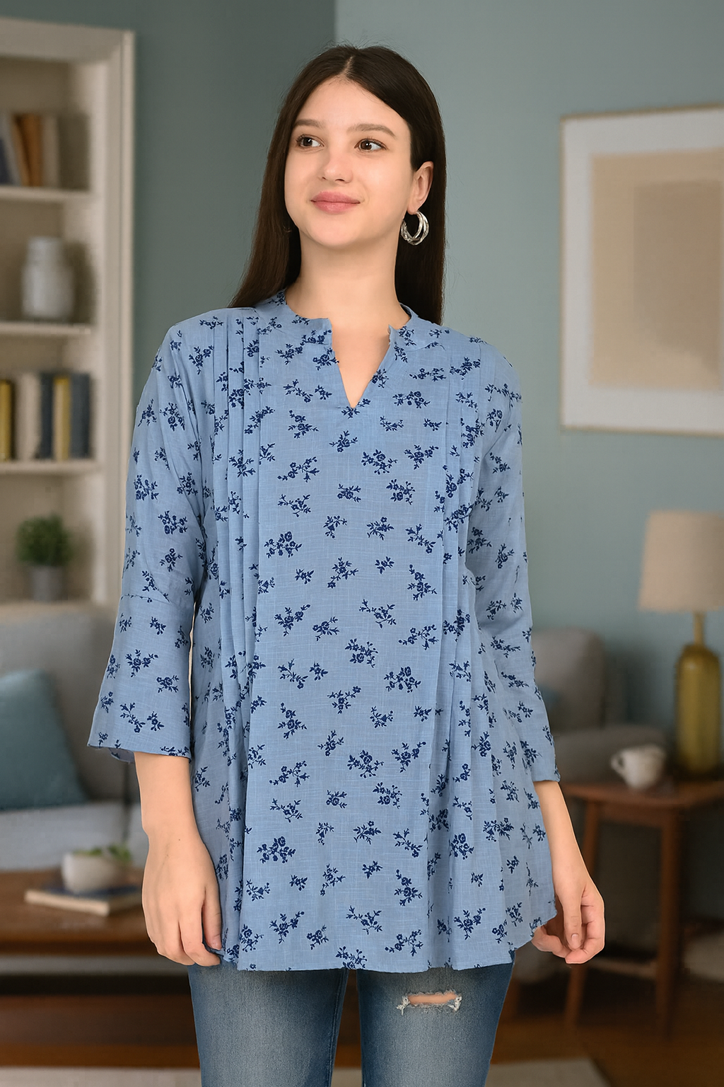 Light Blue Floral Cotton Kurti for Women – Soft & Breathable Everyday Wear