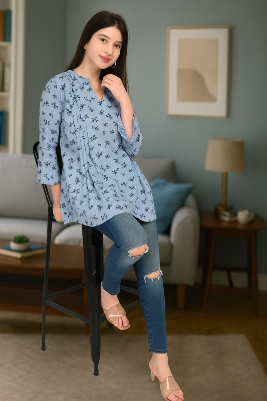Light Blue Floral Cotton Kurti for Women – Soft & Breathable Everyday Wear