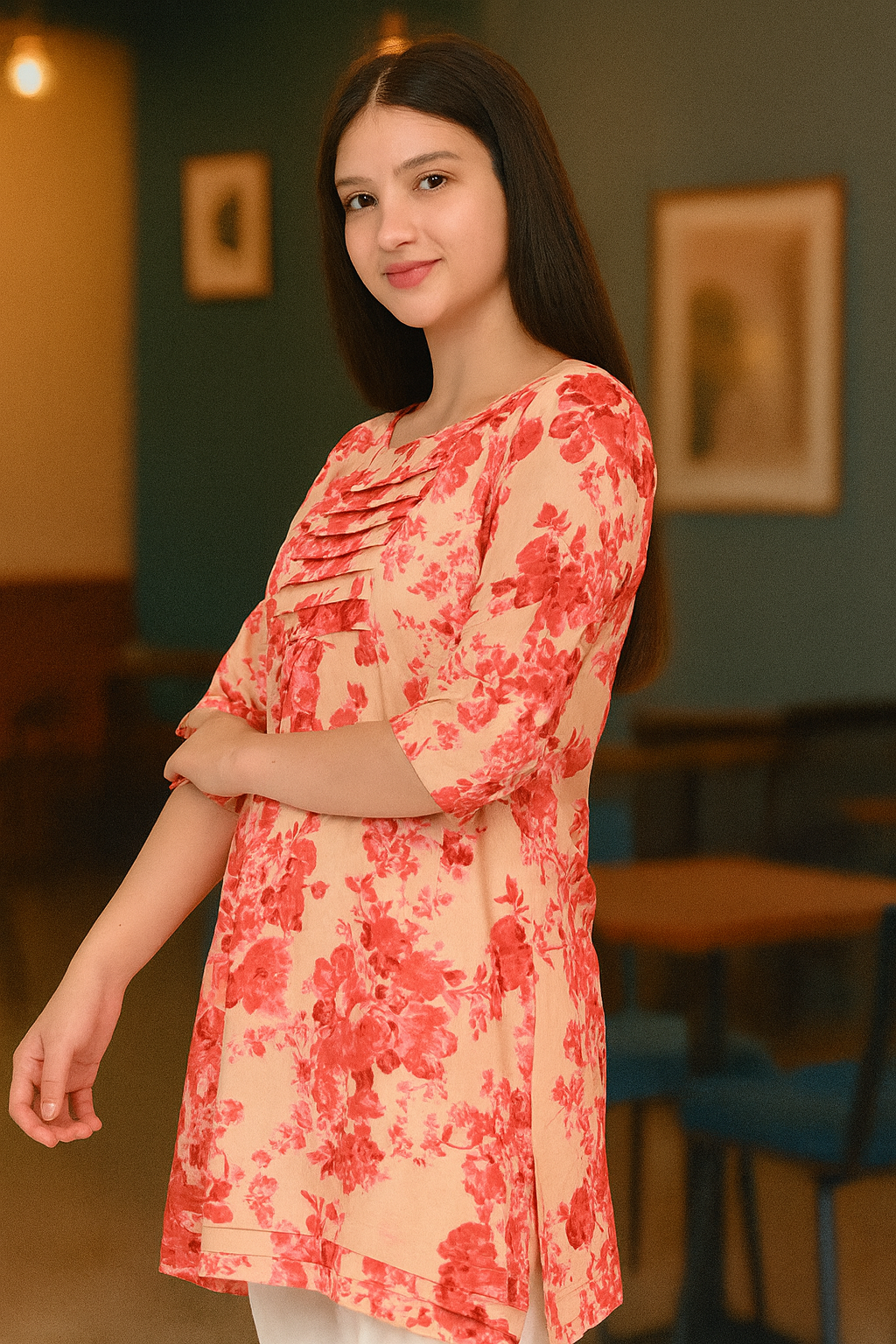 Red abstract high-low cotton top – women’s 3/4 sleeve side profile view