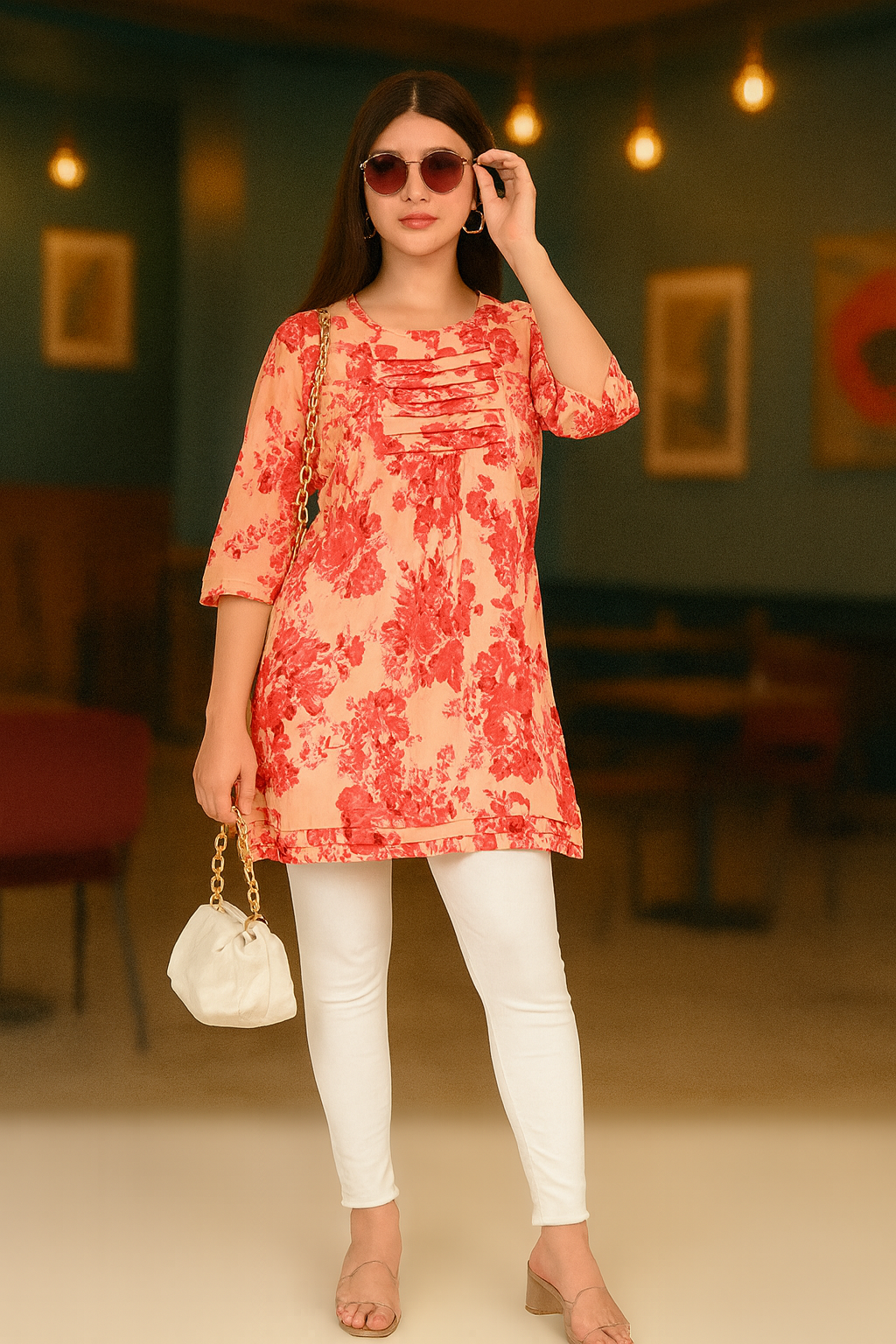 Red abstract high-low print cotton top – women’s casual 3/4 sleeve blouse front view