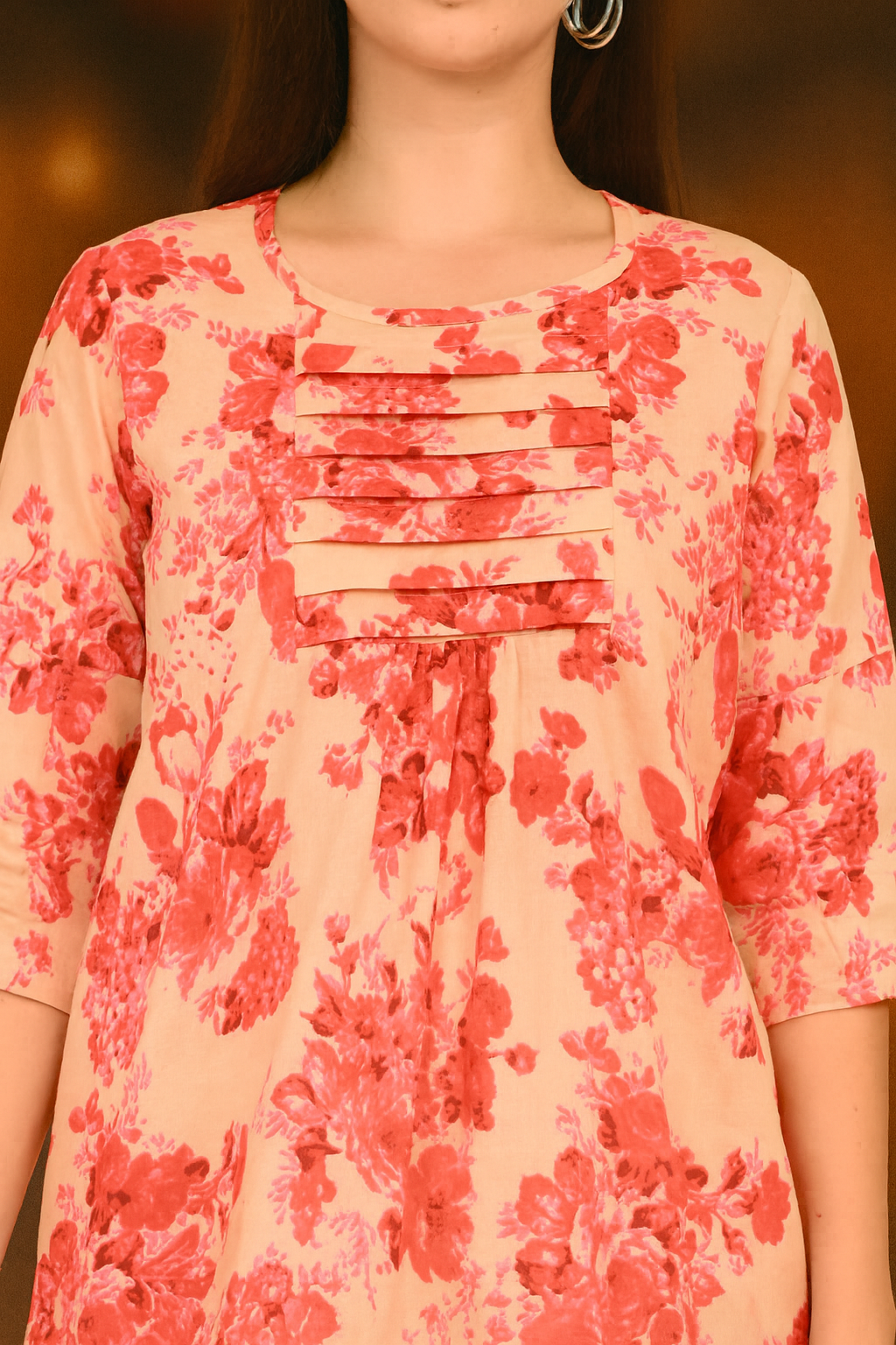 Red abstract print cotton top – fabric texture and print detail close-up