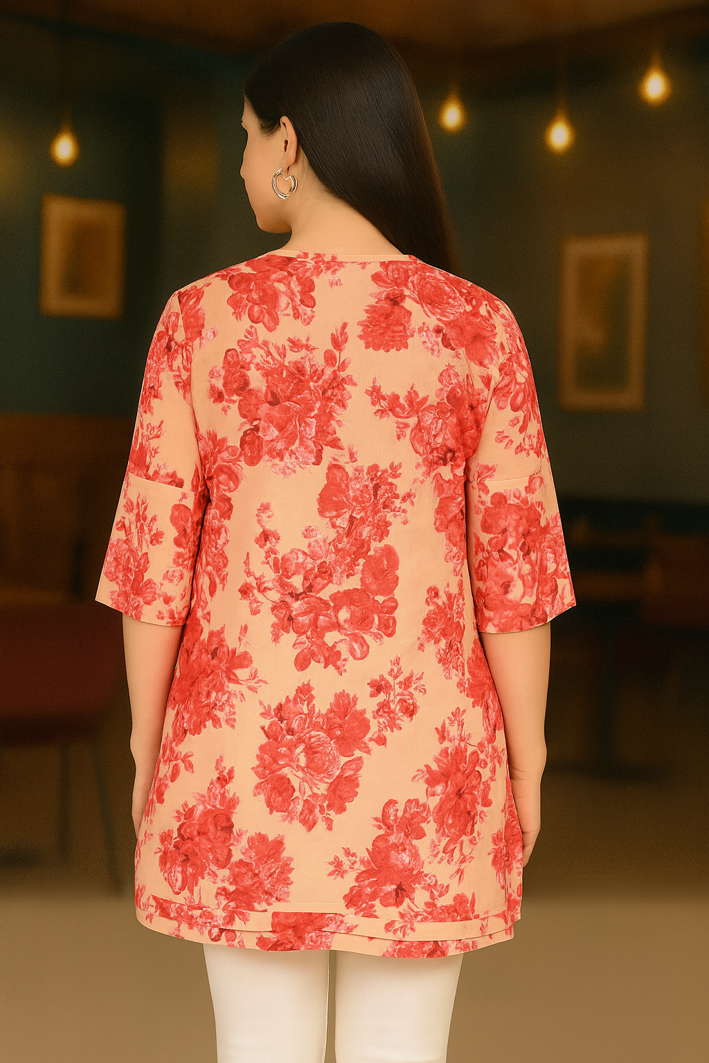 Red abstract print cotton top with high-low effect – back view 3/4 sleeve blouse