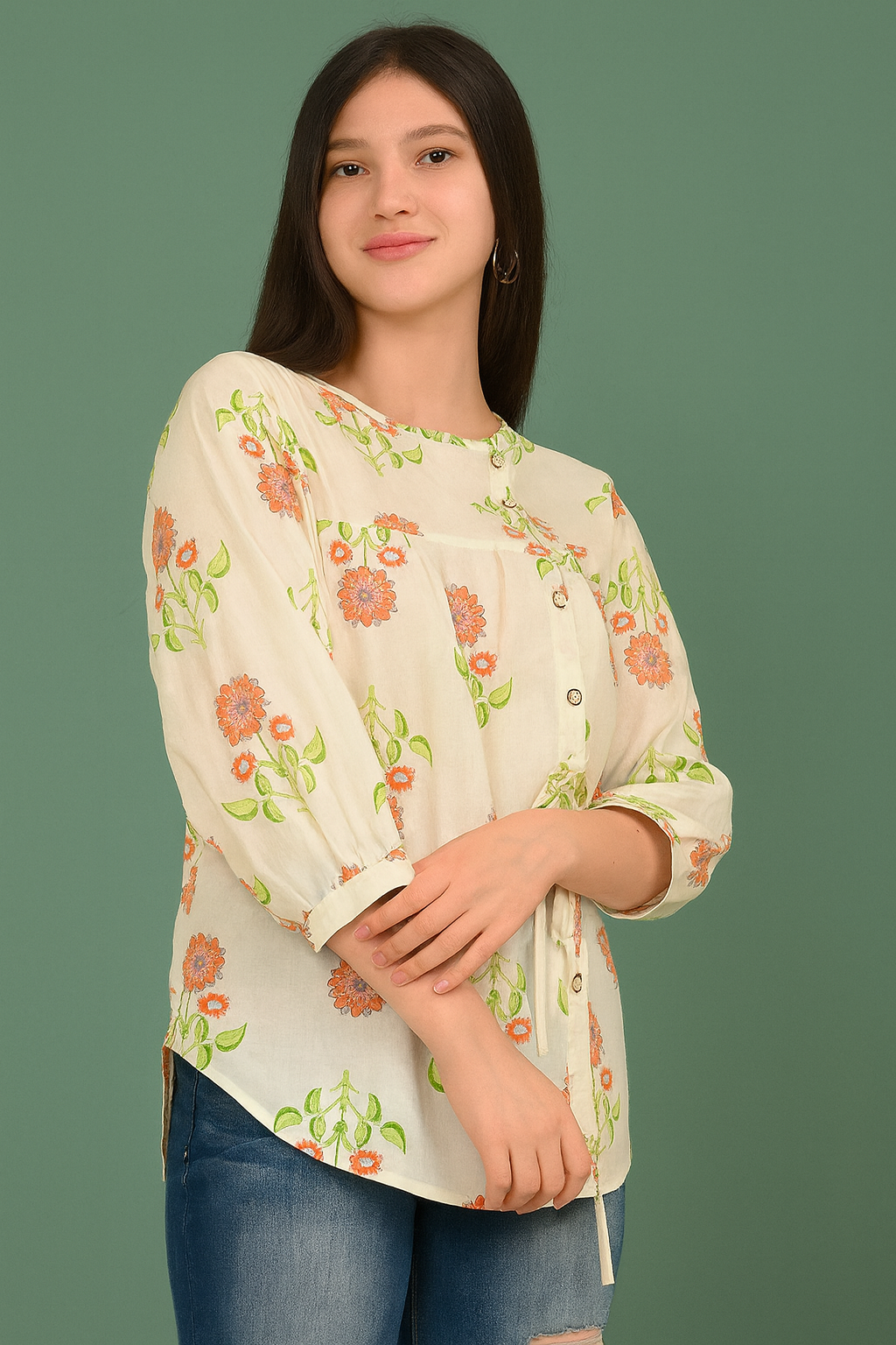 Women's 100% Cotton Floral Printed Top with Tie-Up Button Front