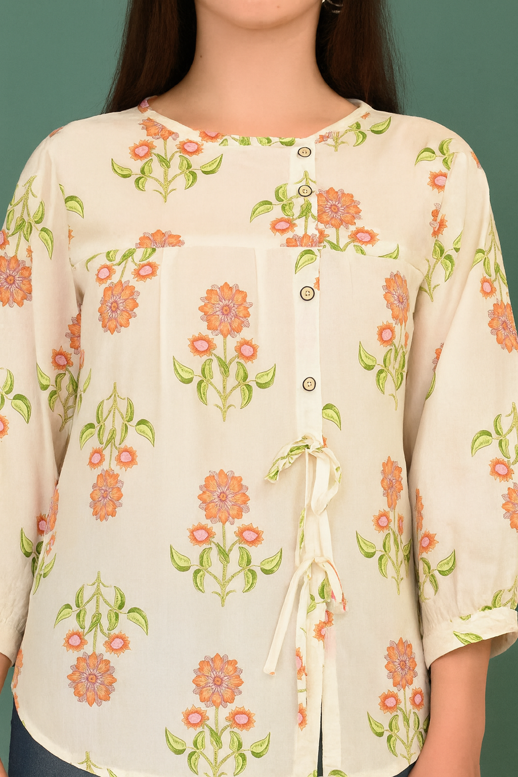 Women's 100% Cotton Floral Printed Top with Tie-Up Button Front