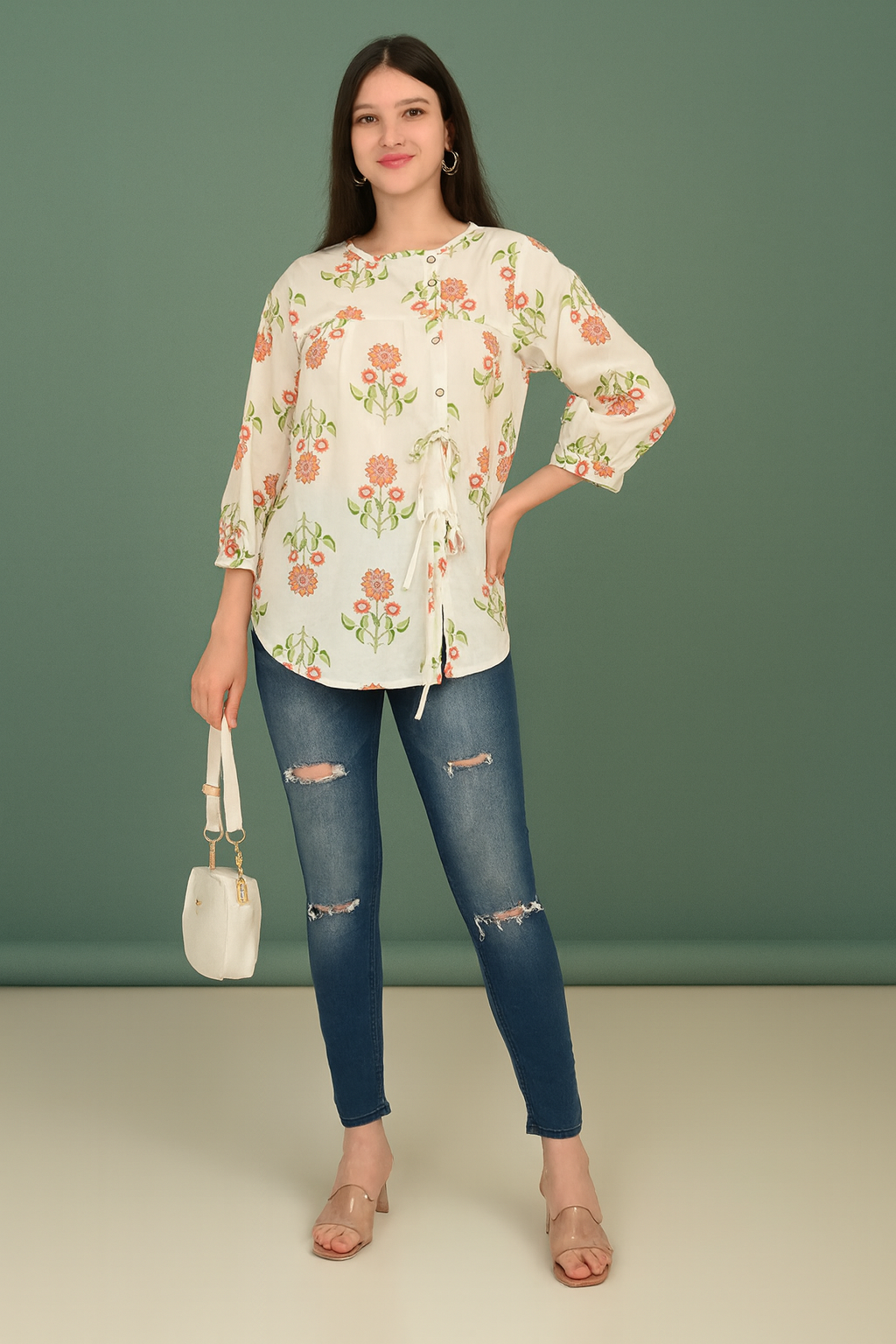 Women's 100% Cotton Floral Printed Top with Tie-Up Button Front