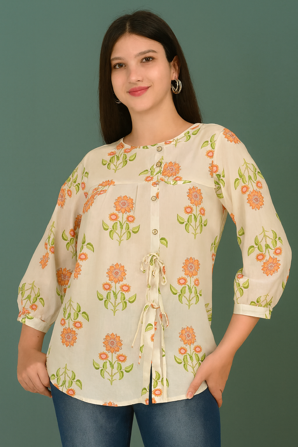 Women's 100% Cotton Floral Printed Top with Tie-Up Button Front