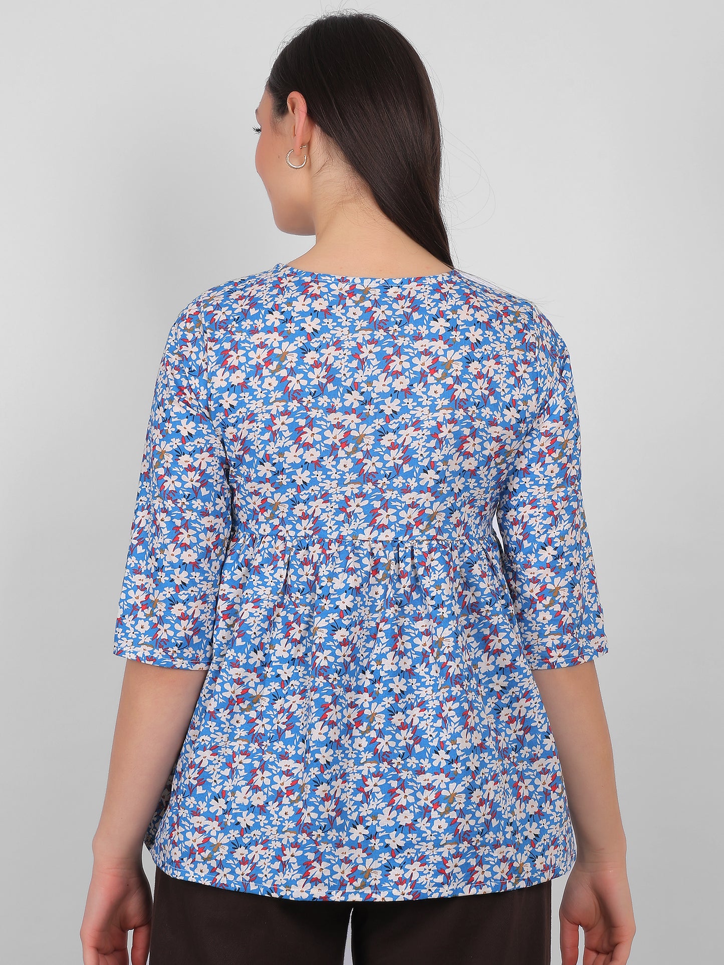 Back view of blue floral cotton top for daily wear