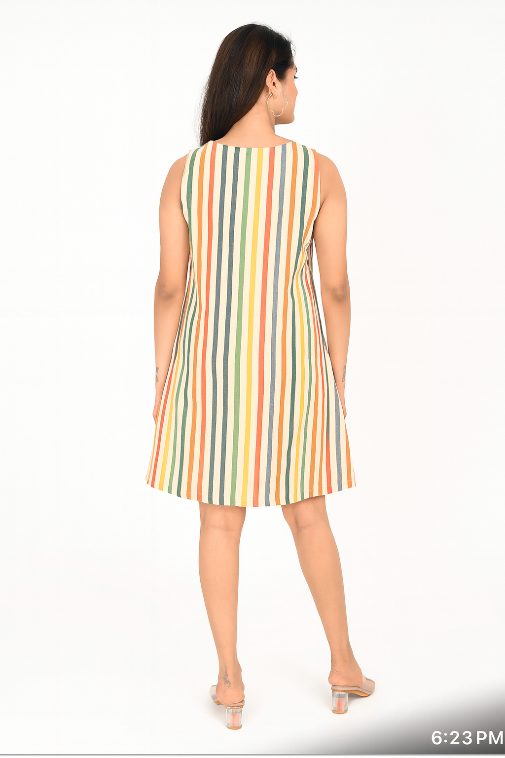 “Back view of sleeveless multicolor striped yarn-dyed 100% cotton A-line dress – The Classy Clothing”