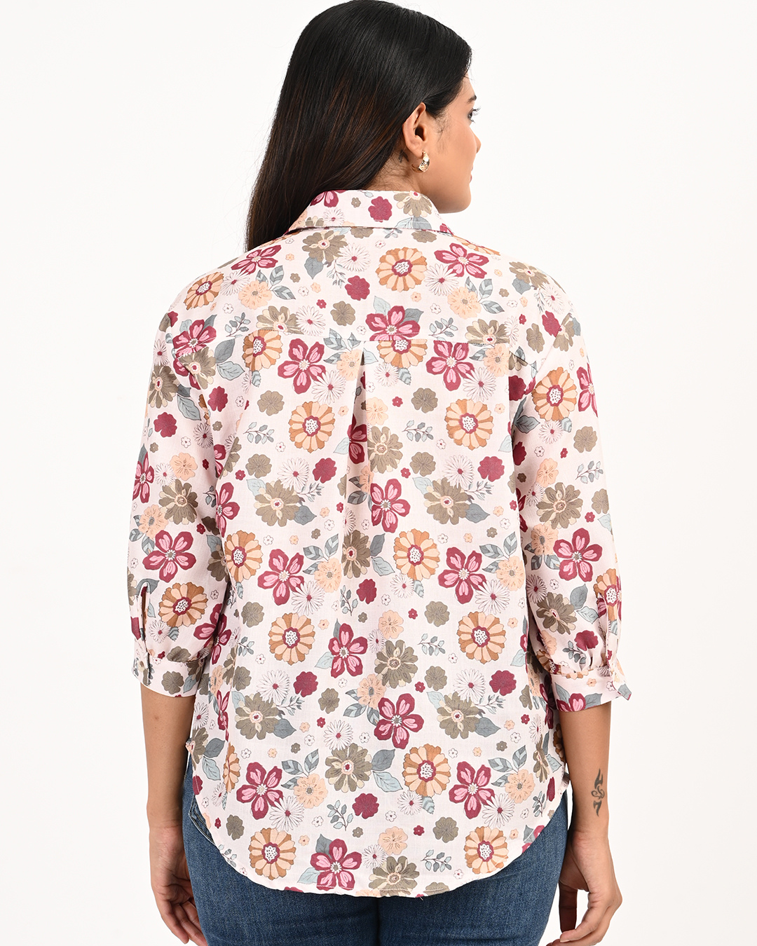 👉 Back design of cream and maroon floral printed cotton top – women's casual wear by The Classy Clothing.