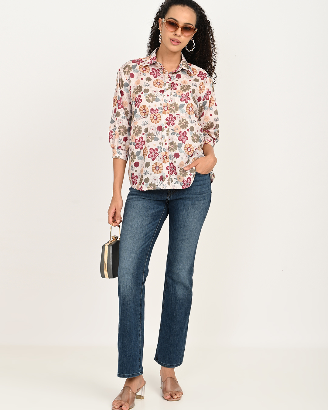 Cream maroon floral printed cotton top paired with denims – chic summer look by The Classy Clothing.