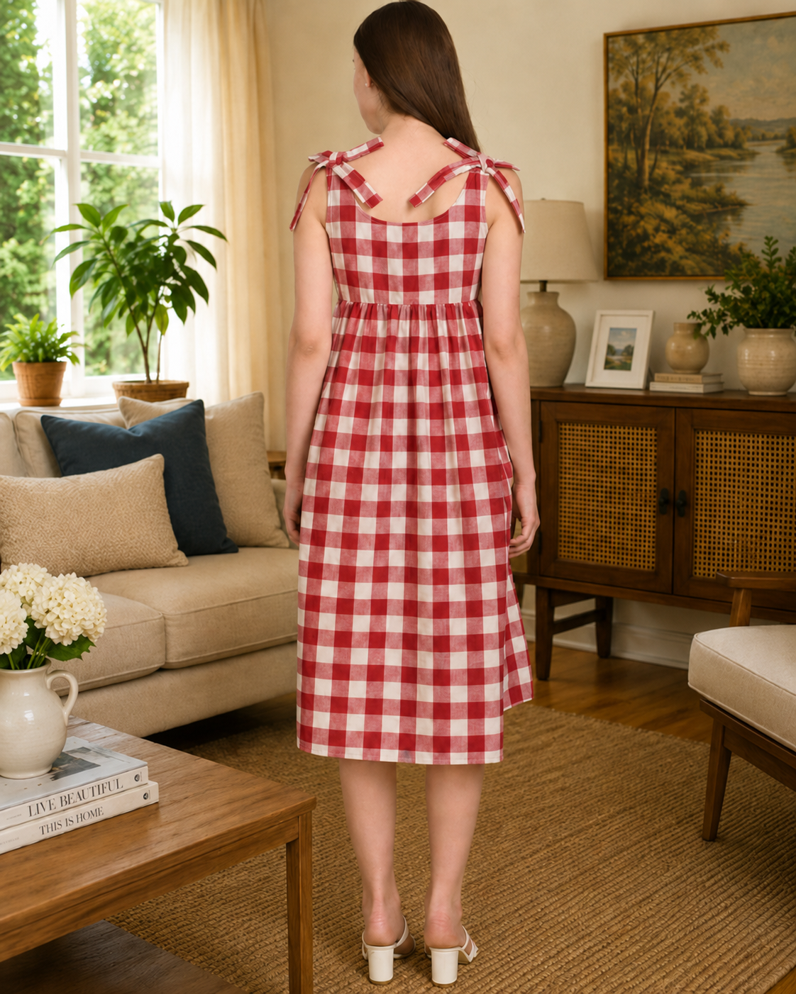 Red White Cotton Check Midi Dress Back View