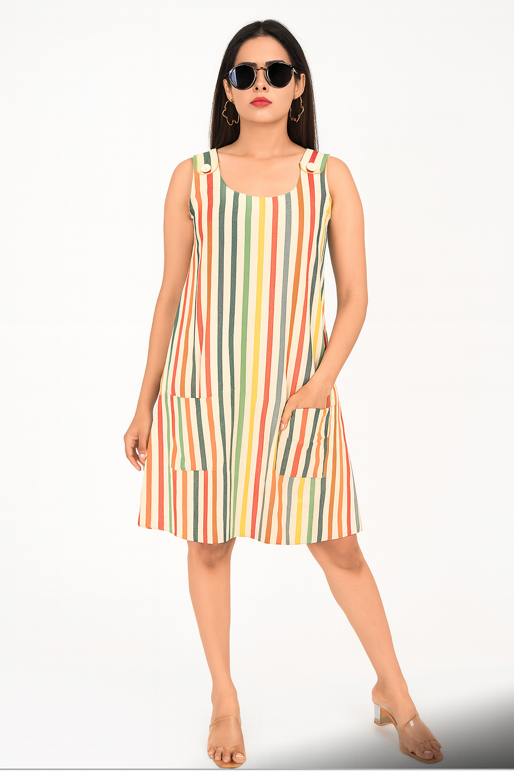 “Confident woman wearing sunglasses and multicolor vertical striped 100% cotton dress – The Classy Clothing”
