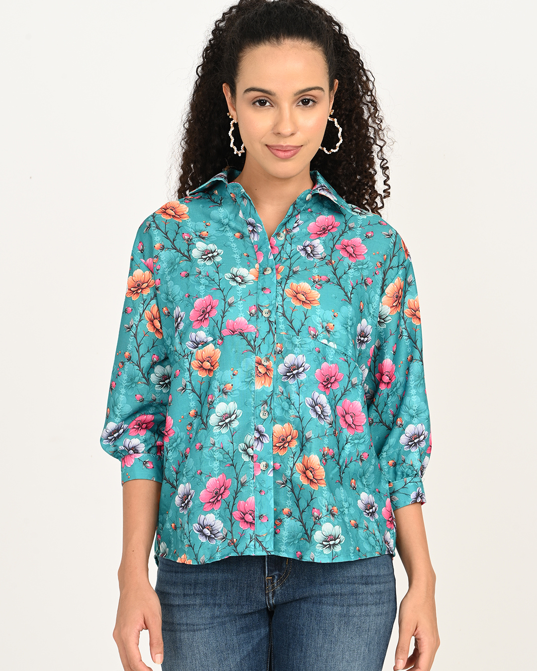 Model wearing Aqua Blue & Maroon Floral Digital Print Cotton Top for Women - The Classy Clothing