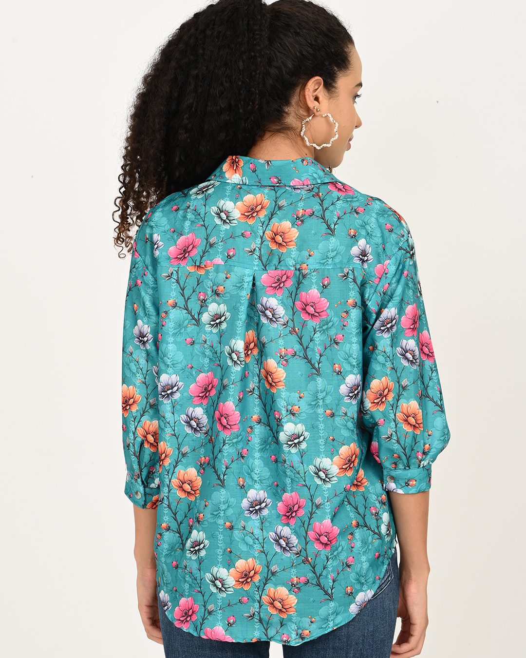 Back view of Aqua Blue & Maroon Digital Floral Cotton Shirt Top for Women