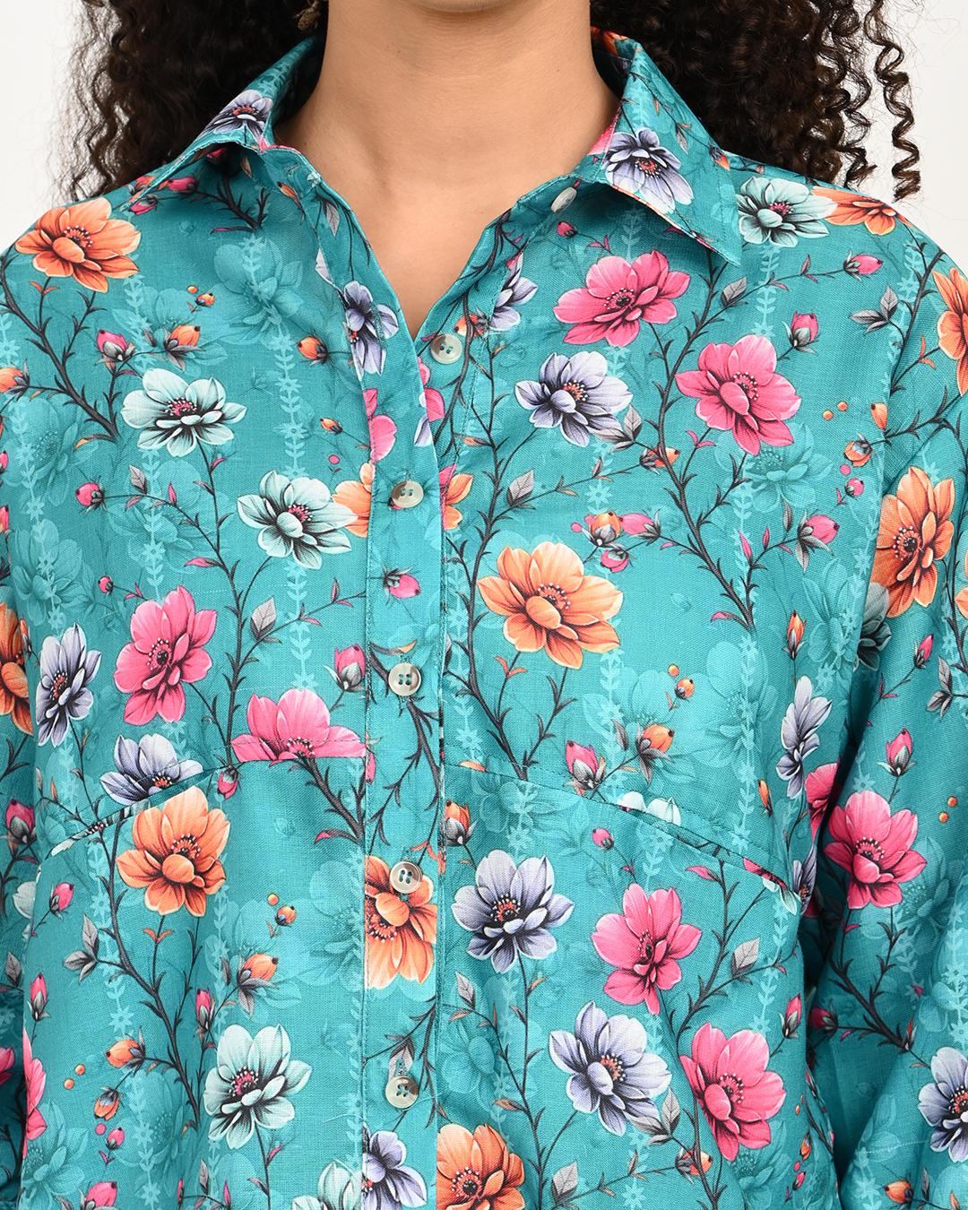 Shirt collar and digital floral print detail of Aqua Blue Cotton Top