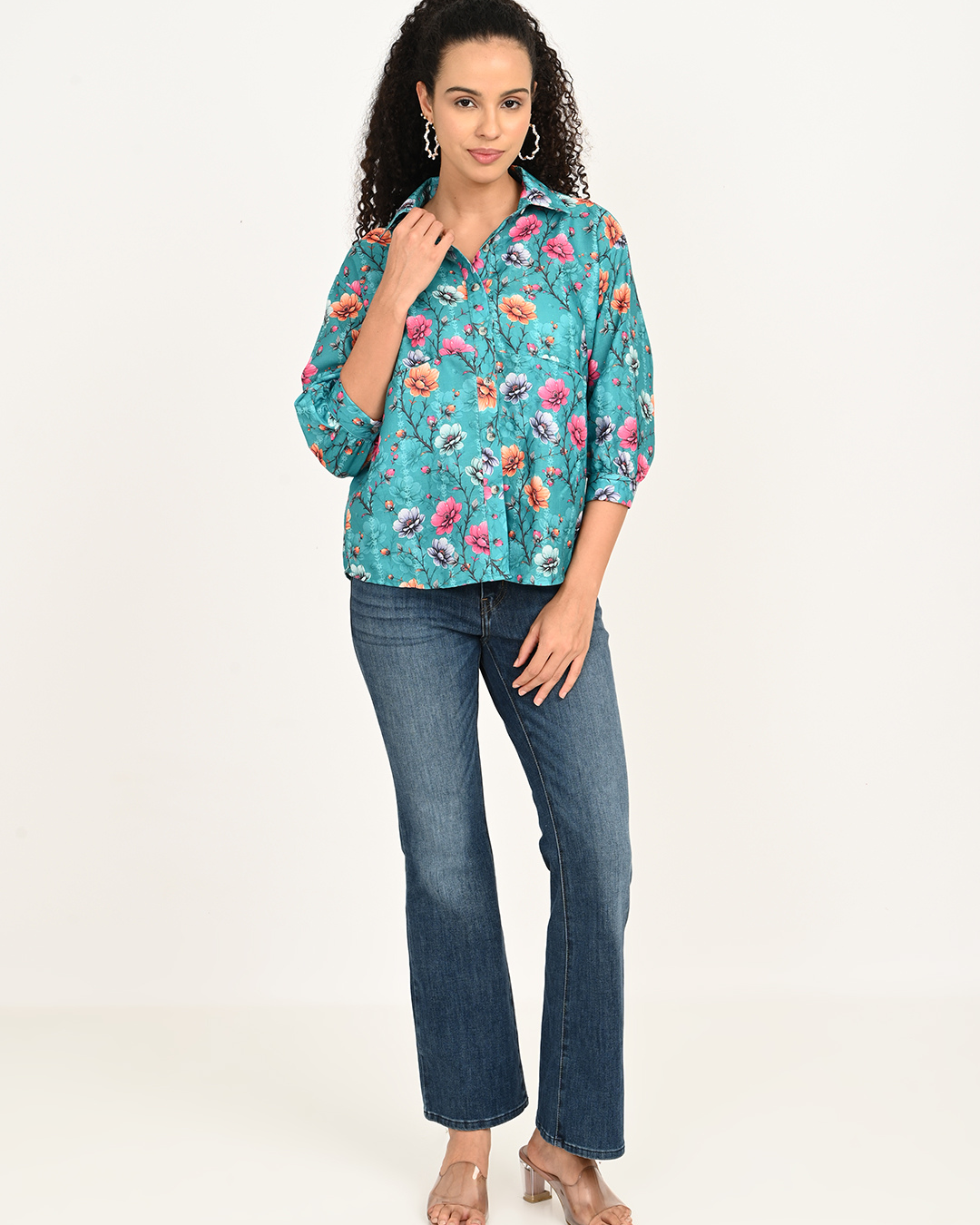 Model wearing Aqua Blue & Maroon Floral Digital Print Cotton Top for Women - The Classy Clothing