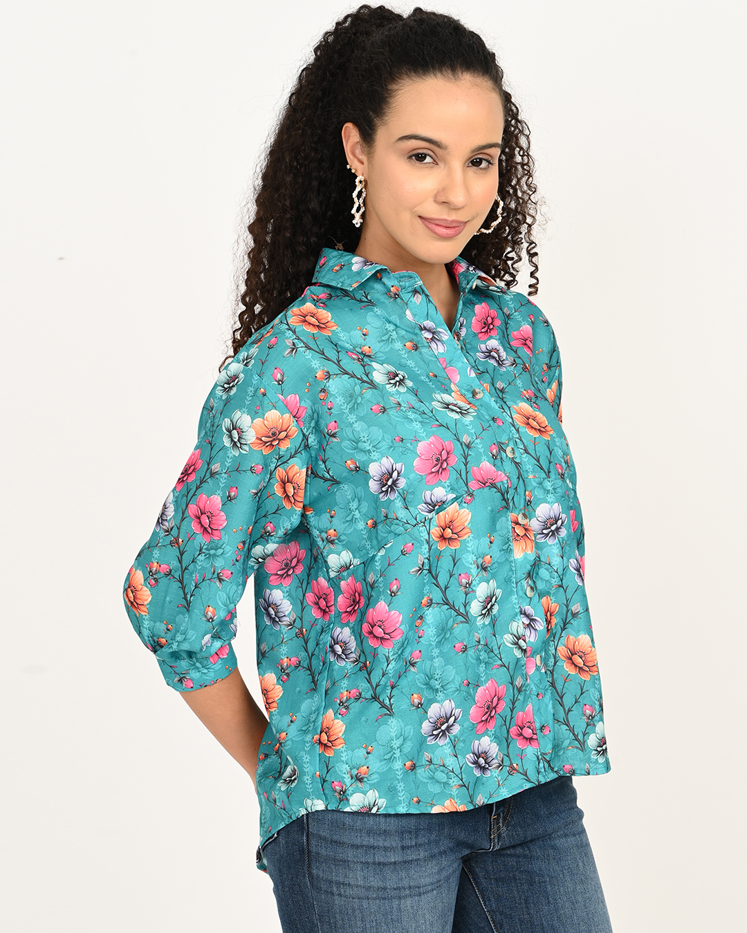 Aqua Blue Floral Cotton Top with relaxed fit and 3/4th sleeves - Classy Clothing