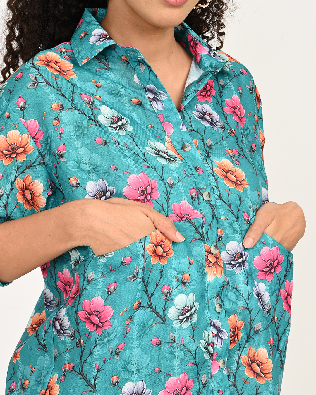 Shirt collar and digital floral print detail of Aqua Blue Cotton Top