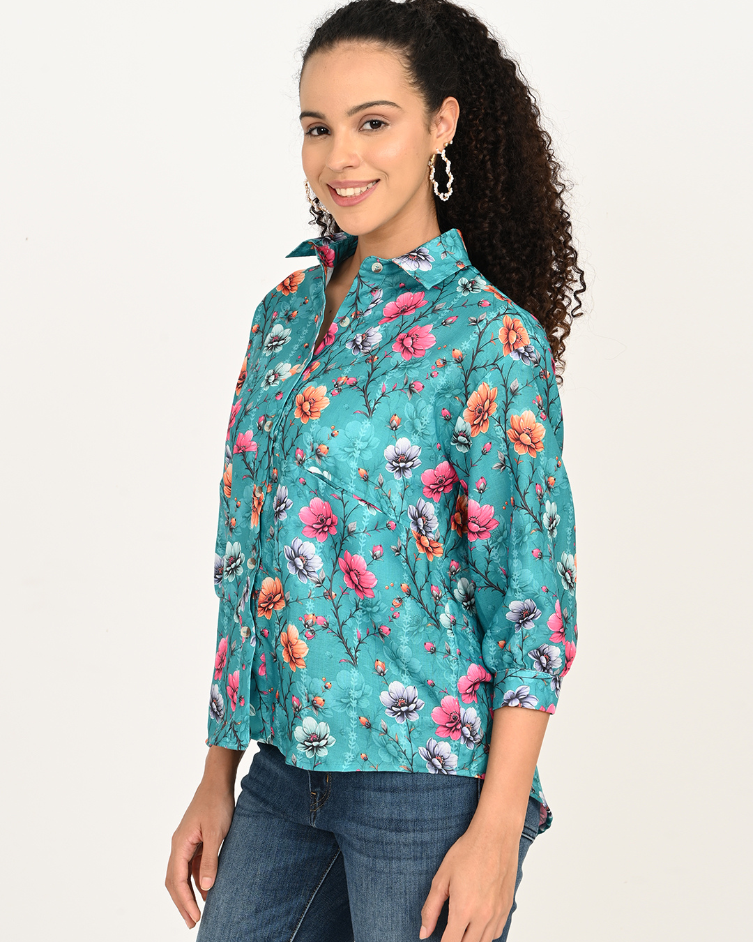 Aqua Blue Floral Cotton Top with relaxed fit and 3/4th sleeves - Classy Clothing