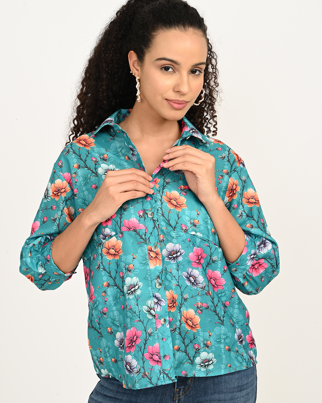 Model wearing Aqua Blue & Maroon Floral Digital Print Cotton Top for Women - The Classy Clothing