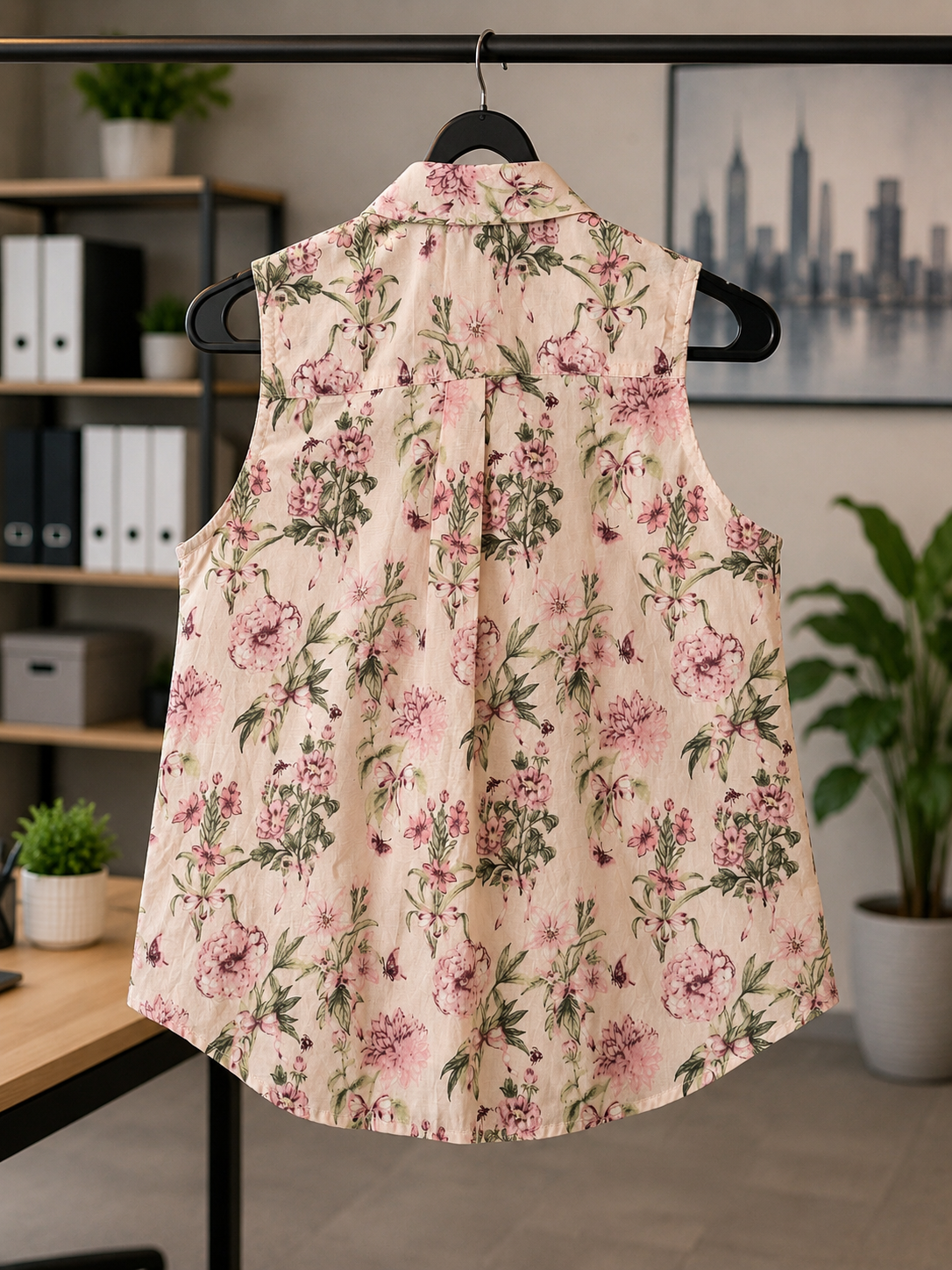 Back view of a pink floral sleeveless cotton top for women made from breathable 100% cotton