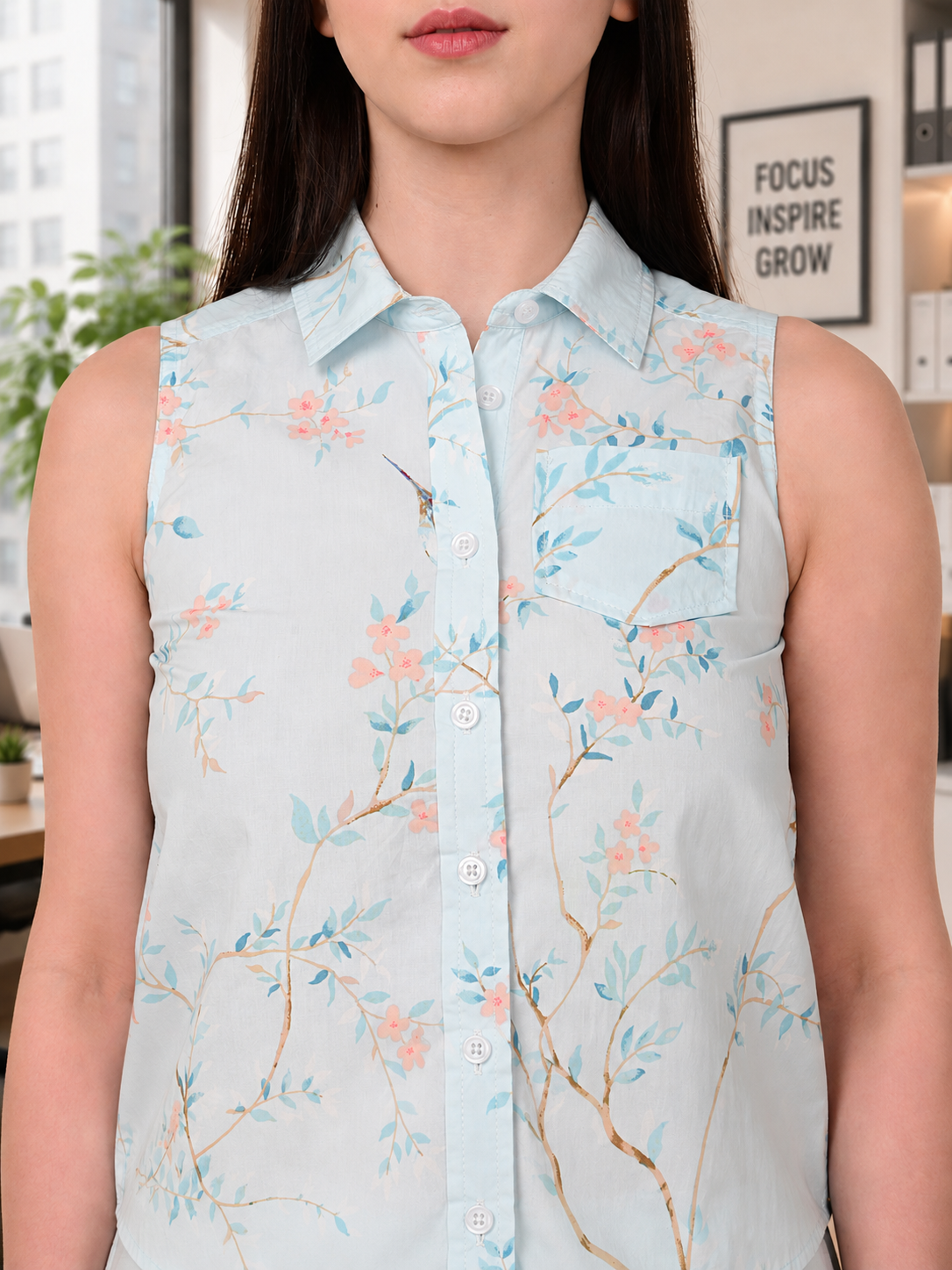 Women's Sky Blue Floral Sleeveless Cotton Shirt India | Collar Detail