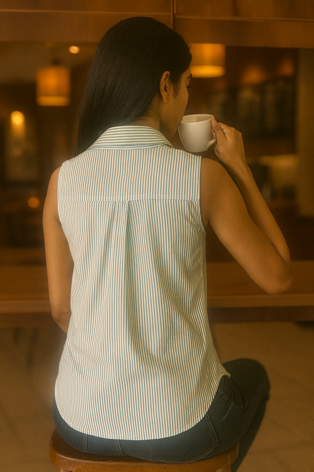 “Women’s sleeveless striped cotton button-down shirt – back view”