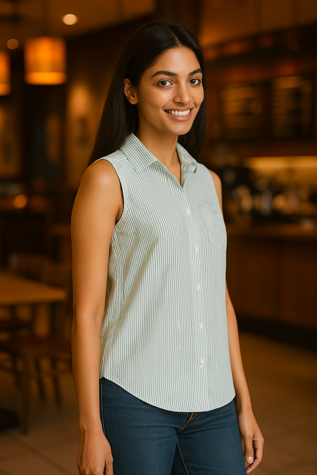 “Women’s sleeveless striped cotton shirt – side angle view”