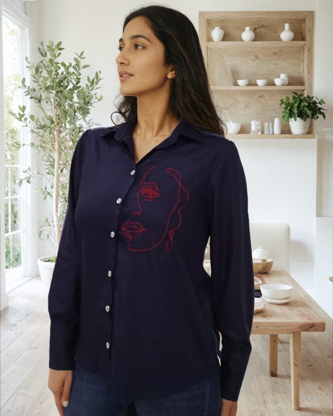 Buy Navy Embroidered Cotton Shirt for Women in India