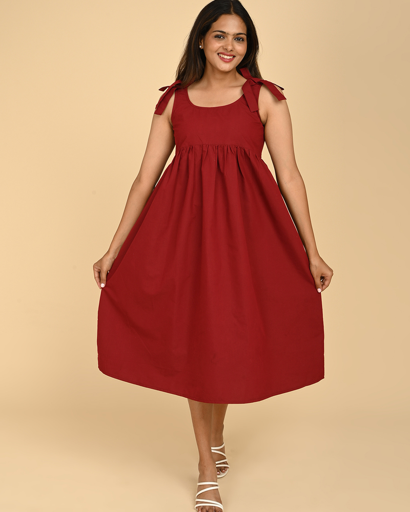 Red cotton midi dress for women with tie-up straps, summer casual outfit
