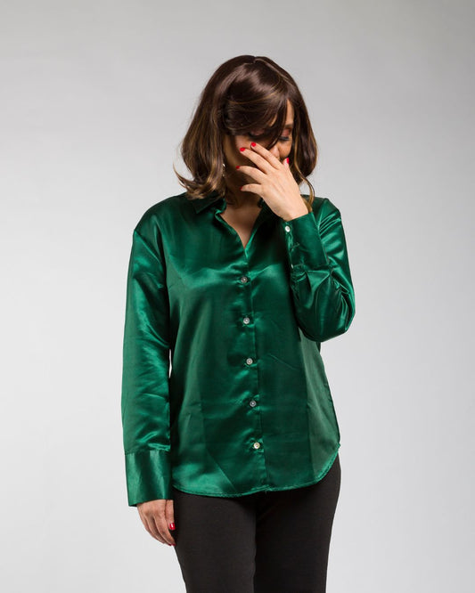 Dark green satin shirt for women with long sleeves, party wear satin top in premium fabric