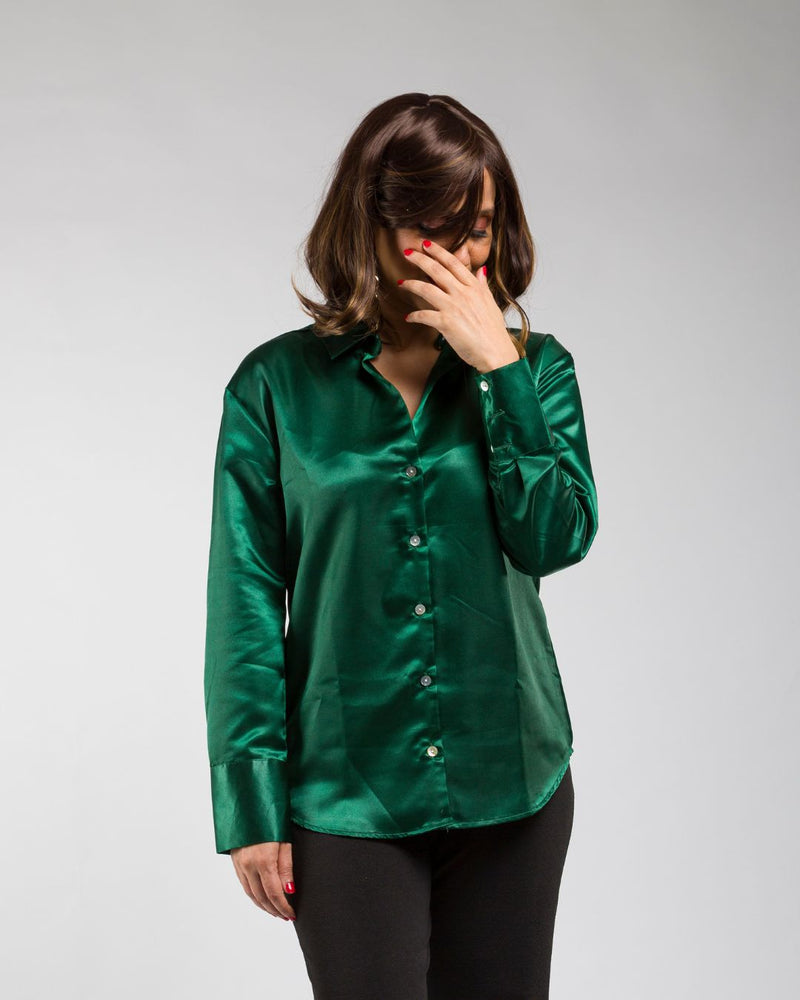 Dark green satin shirt for women with long sleeves, party wear satin top in premium fabric