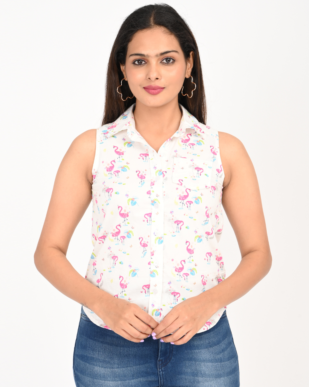 "How to Style a White Cotton Sleeveless Top with Flamingo Print"
